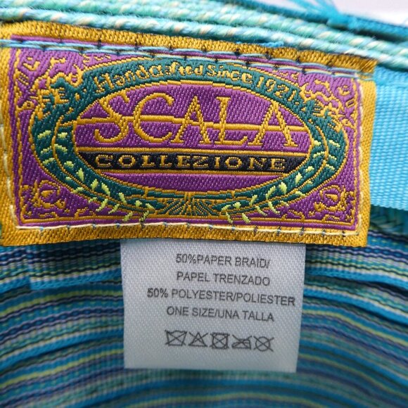 Scala Collezione Turquoise Blue Striped Wide Brim Floppy Paper Braid Hat Womens - Picture 8 of 8